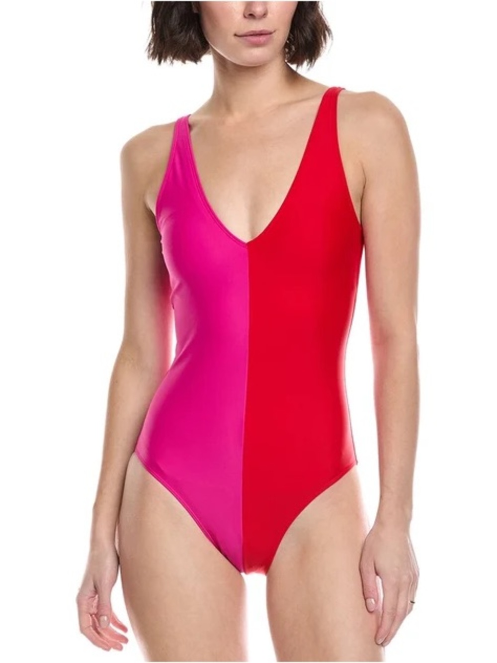 summersalt Two-Tone Pink and Red V-Neck One-Piece Swimsuit